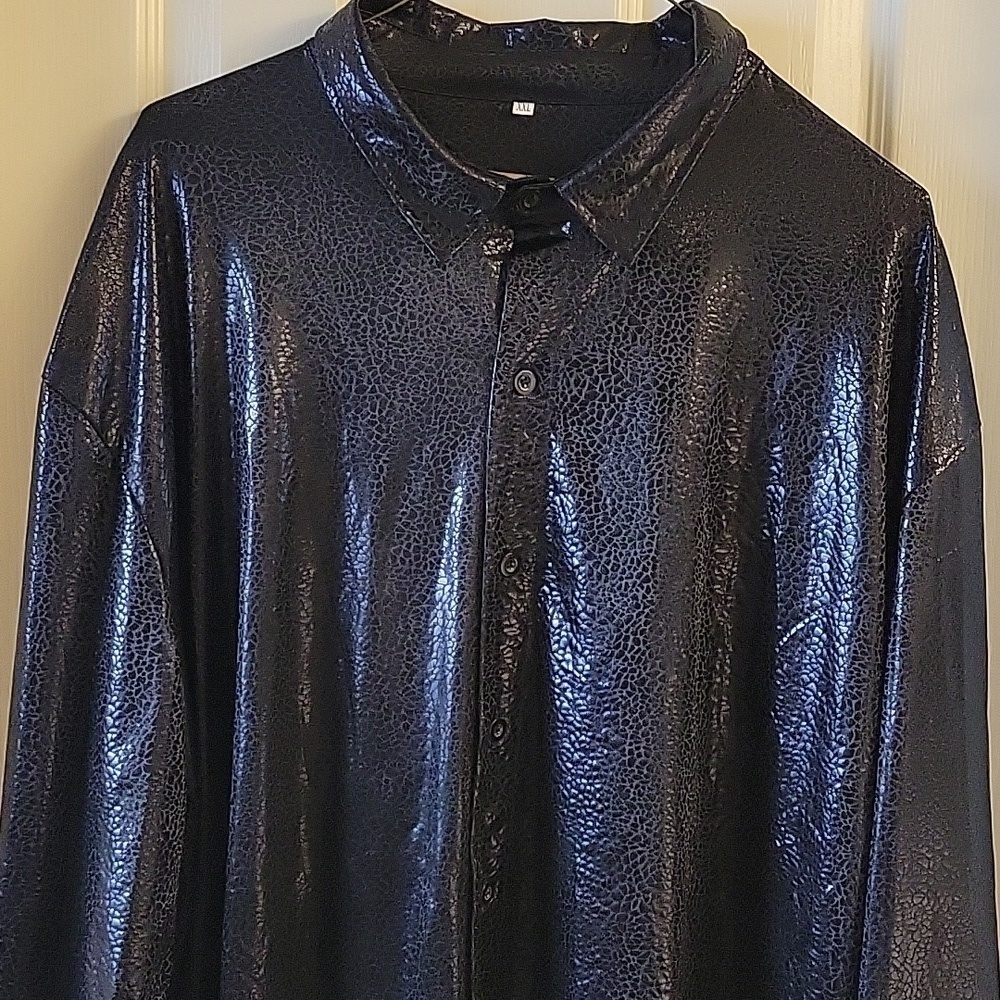 Men's Black Shiny Metallic Dress Shirt - Picture 11 of 16